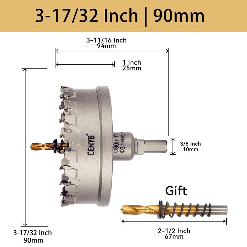 cenyb 3-17/32" (90mm) Tungsten Carbide Tipped Hole Saw with 2Pcs Titanium-Plated Pilot Drill Bits for Hard Metal,Stainless Steel,Iron,Aluminum Alloy,Wood and Plastic - Image 2